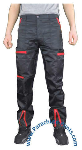 BreakIN Black Nylon Costume Parachute Pants with Red Zippers