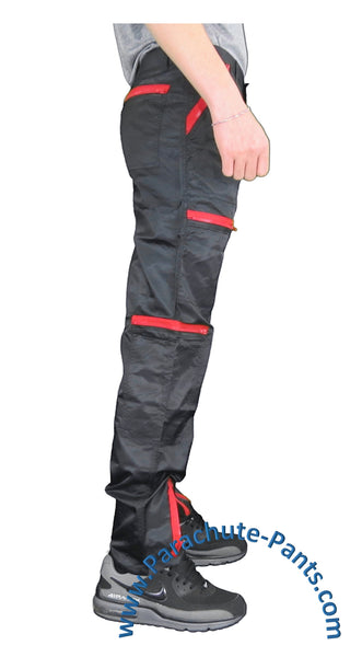 BreakIN Black Nylon Costume Parachute Pants with Red Zippers | The