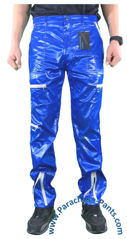 Countdown Blue Shiny Nylon Parachute Pants with Grey Zippers