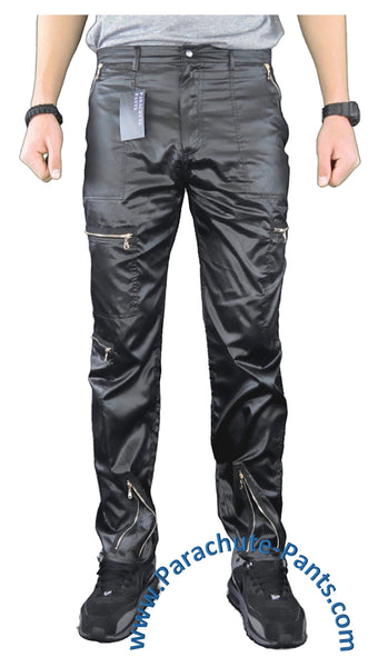 Countdown Red Shiny Nylon Parachute Pants with Black Zippers