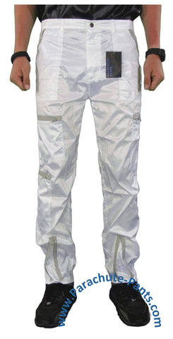 Countdown White Shiny Nylon Parachute Pants with Grey Zippers