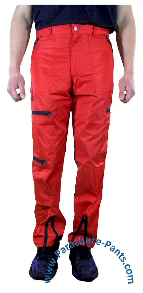 Hammer Time Red Nylon Parachute Pants with Black Zippers