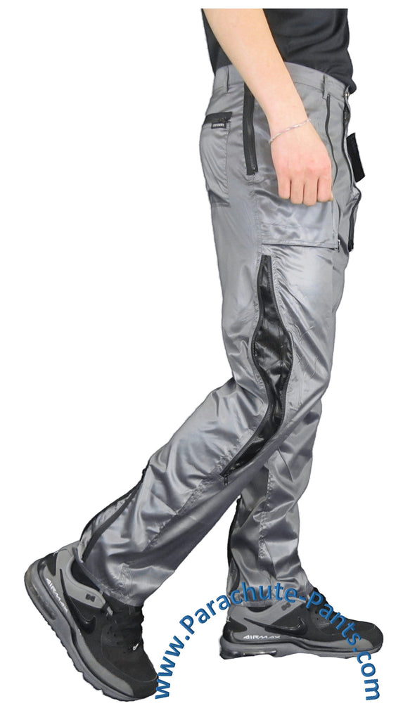 Countdown Grey Shiny Nylon Parachute Pants w/ Long Black Zippers
