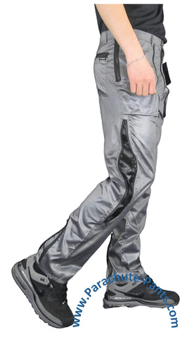 Countdown Grey Shiny Nylon Parachute Pants w/ Long Black Zippers