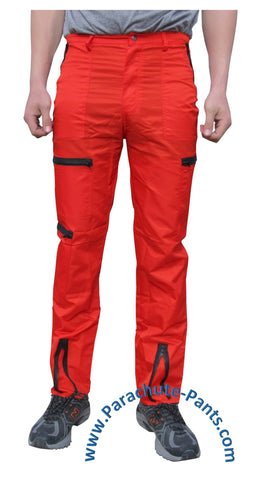 Countdown Red Classic Nylon Parachute Pants with Black Zippers