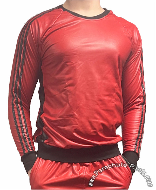Bruno Red and Black Faux Leather 3-Stripe Wind Long Sleeve Shirt