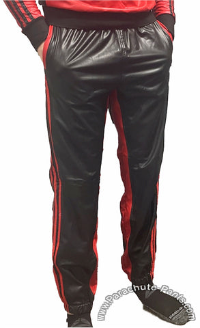 Bruno Black and Red Faux Leather 3-Stripe Wind Pants