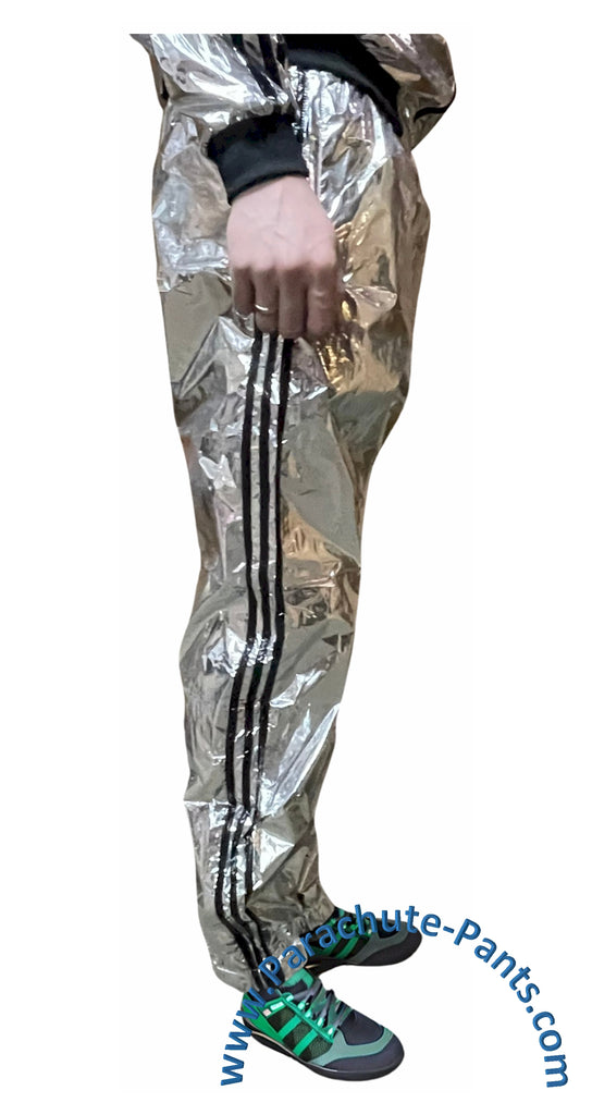 Bruno Silver Thin Shiny Nylon 3-Stripe Wind Pants
