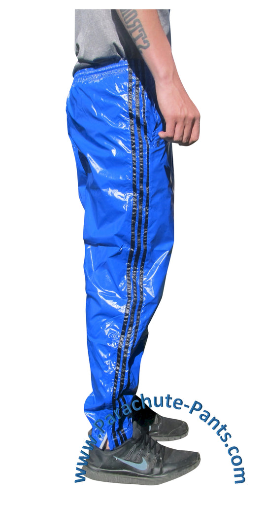 Bruno Blue Shiny Nylon/Plastic 3-Stripe Wind Pants