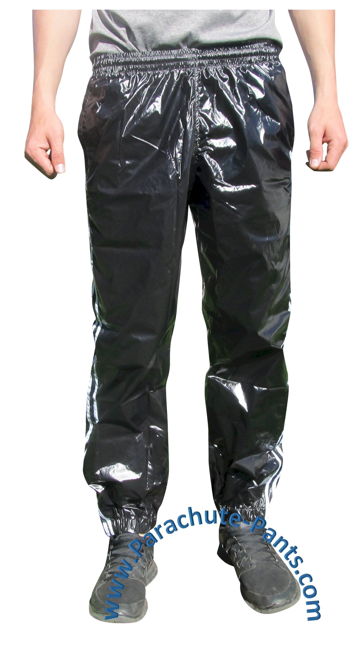 Bruno Black Shiny Nylon/Plastic 3-Stripe Wind Pants | The