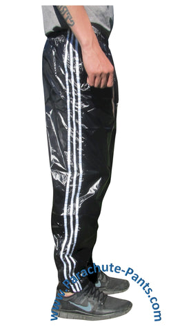 Bruno Black Shiny Nylon/Plastic 3-Stripe Wind Pants