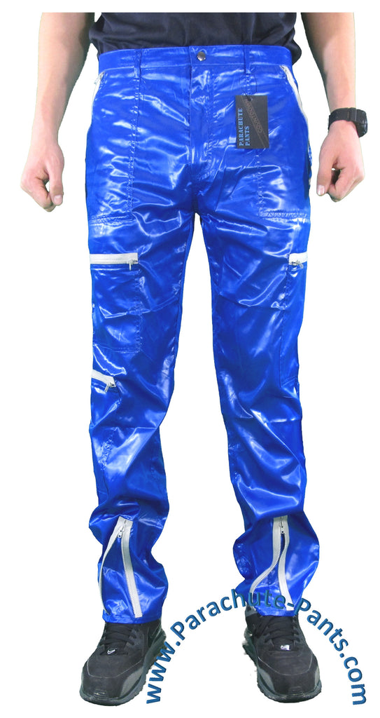 Countdown Blue Shiny Nylon Parachute Pants with Grey Zippers