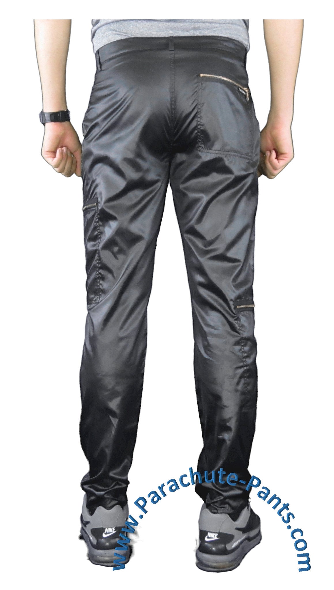Countdown Black Shiny Nylon Parachute Pants with Steel Zippers 