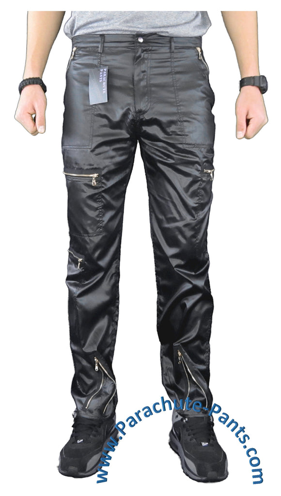 Countdown Black Shiny Nylon Parachute Pants with Steel Zippers