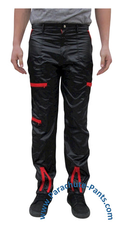 Countdown Black Shiny Nylon Parachute Pants with Red Zippers