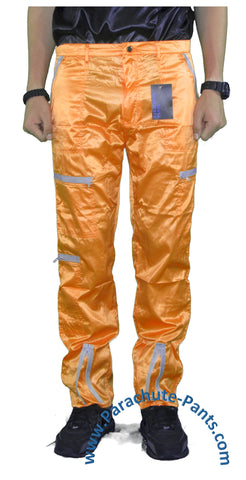 Countdown Orange Shiny Nylon Parachute Pants with Grey Zippers