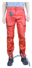 Countdown Red Shiny Nylon Parachute Pants with Black Zippers