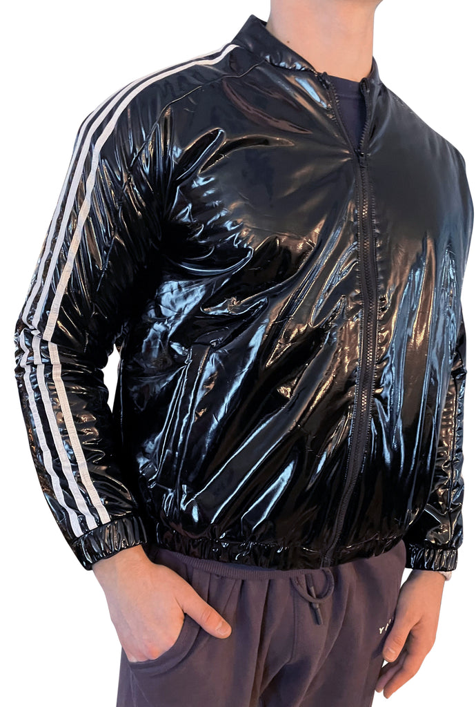 Bruno Black Shiny PVC Vinyl PU Plastic 3-Stripe Bomber Jacket