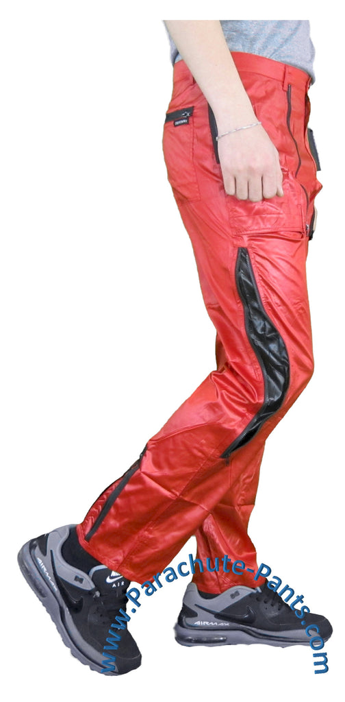 Countdown Red Shiny Nylon Parachute Pants w/ Long Black Zippers
