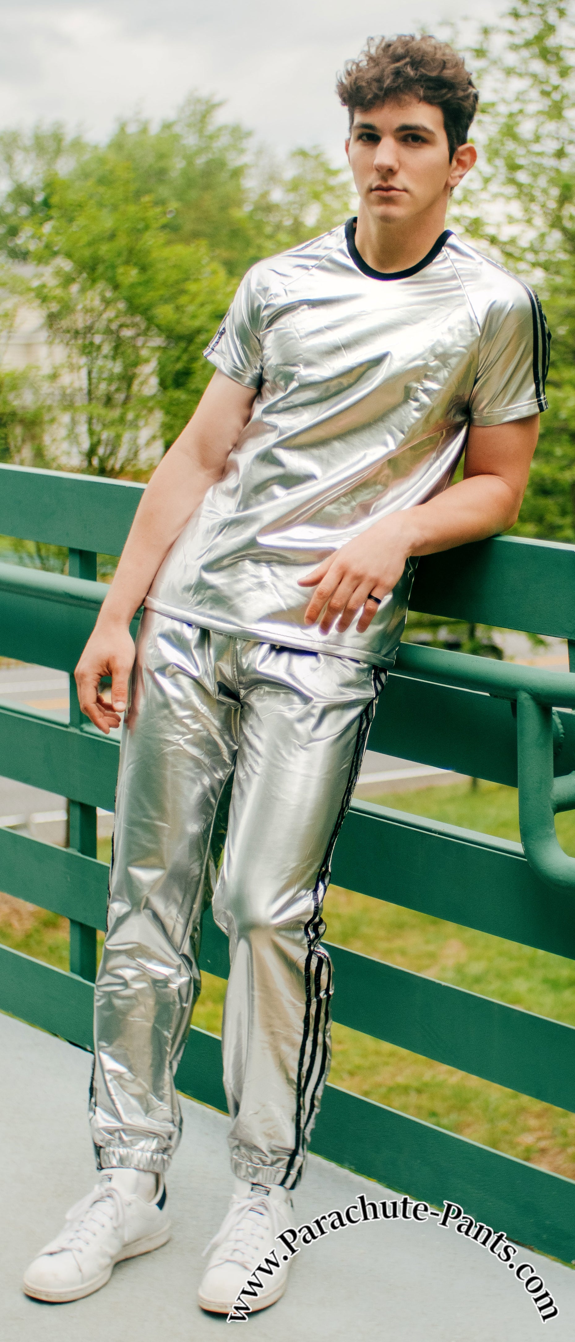 Bruno Silver Shiny PVC Vinyl PU Plastic 3-Stripe Wind Pants