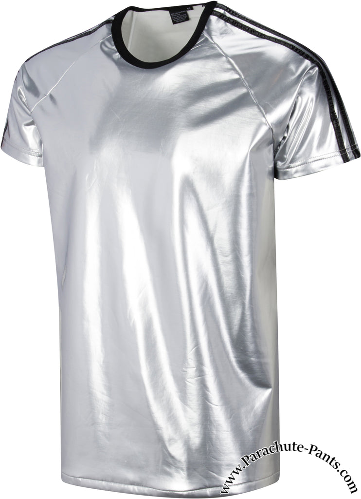 Bruno Silver Shiny PVC Vinyl PU Plastic 3-Stripe T-Shirt