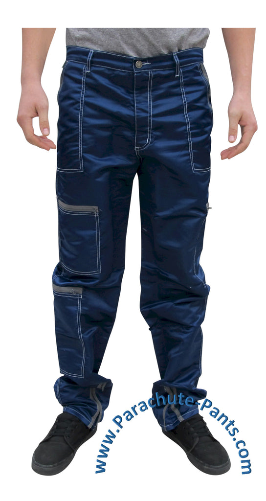 Panno D'Or Dark Blue Nylon Parachute Pants with Grey Zippers