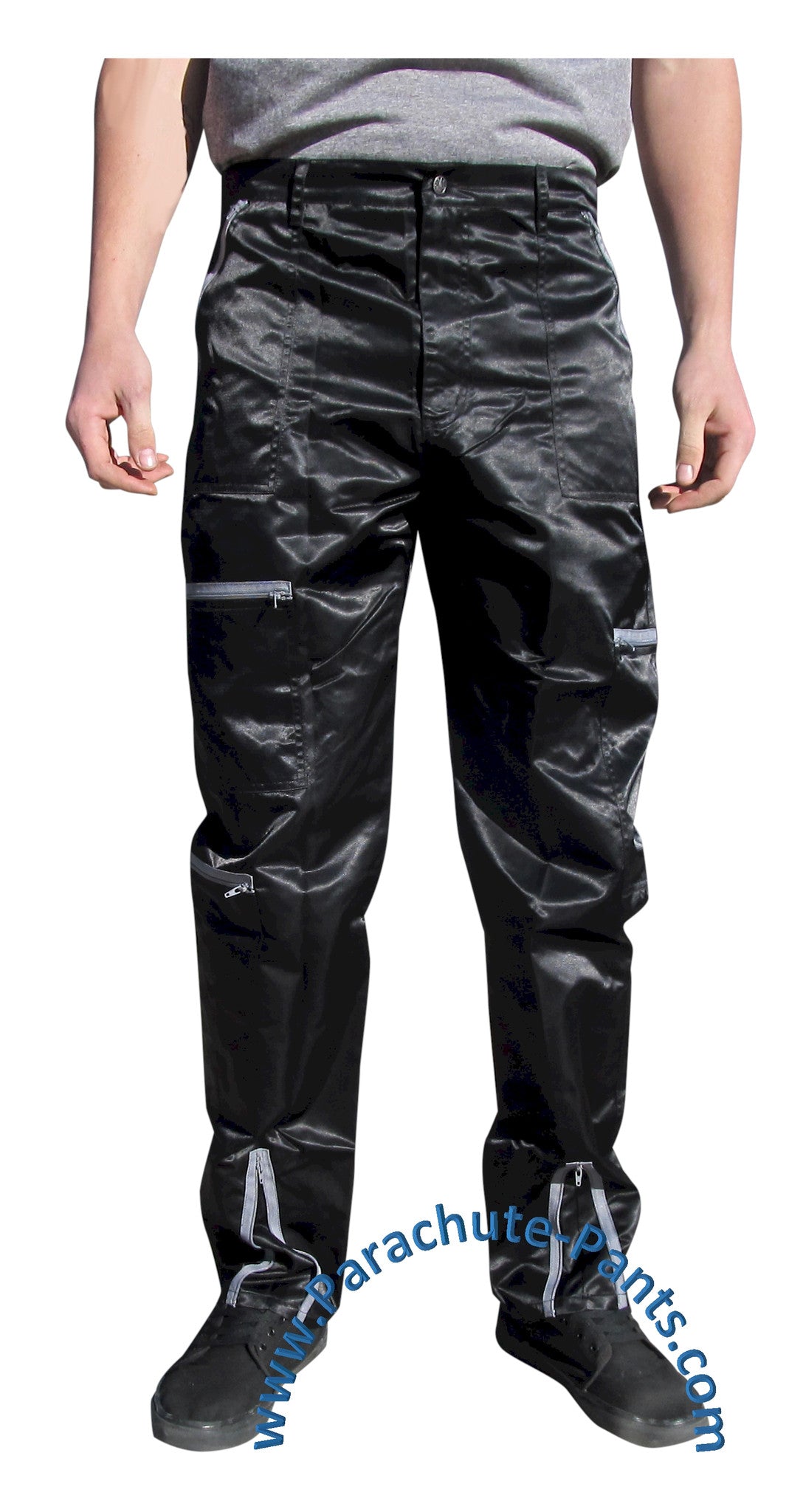 Panno D'Or Black Nylon Parachute Pants with Grey Zippers | The