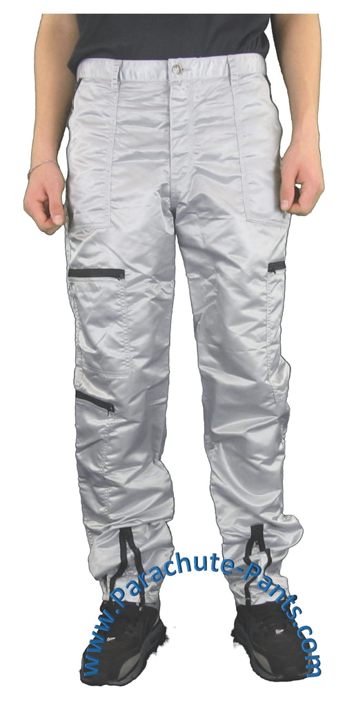 Panno D'Or Grey Nylon Parachute Pants with Black Zippers