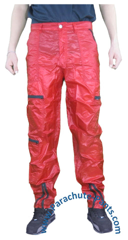Panno D'Or Red Thin Nylon Parachute Pants with Black Zippers
